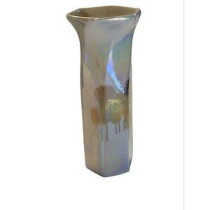 VTG. LUSTERWARE 6" BUD VASE-MOTTLED-BLUES/PEARL/PINKS-TREES-IRIDESCENT